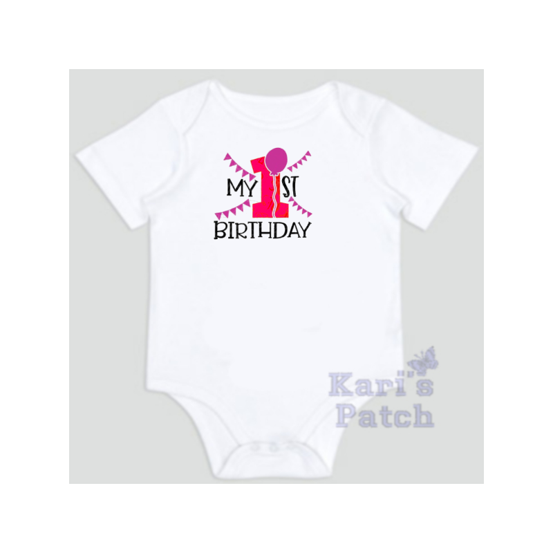 Adorable 1st birthday baby bodysuit in fuchsia and baby pink. | Kari’s Patch