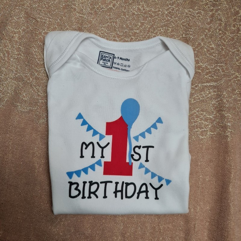 Celebrate your baby's 1st birthday with a red and baby blue bodysuit. | Kari’s Patch