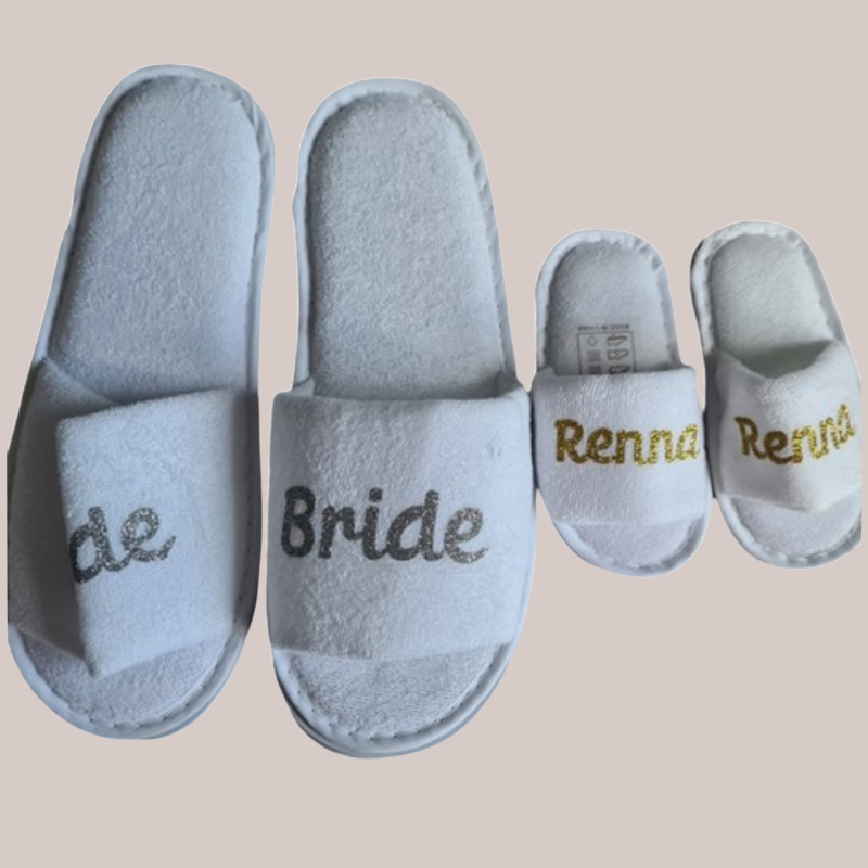 Custom Wedding Slippers – Open or Closed Toe | Add Names in Glitter – Kari's Patch