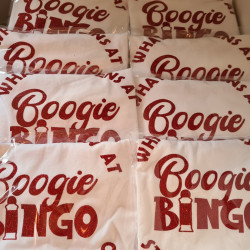 Boogie Bingo Adult T-Shirts – Custom Party Tees | Kari’s Patch