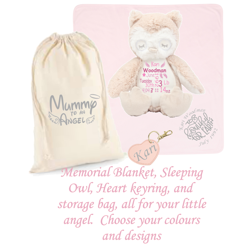 Personalised Angel Baby Memorial Bundle – Blanket, Bear, Keyring & Bag | Kari’s Patch