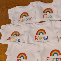 Pack of 5 personalised bodysuits for a rainbow baby | Kari’s Patch