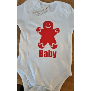 A Red gingerbread baby bodysuit – can personalise